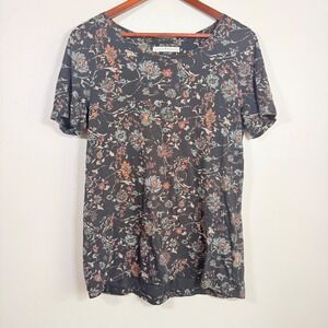 Peruvian Connection Floral Pima Cotton Modal Pleat Back Tee Size Medium Black